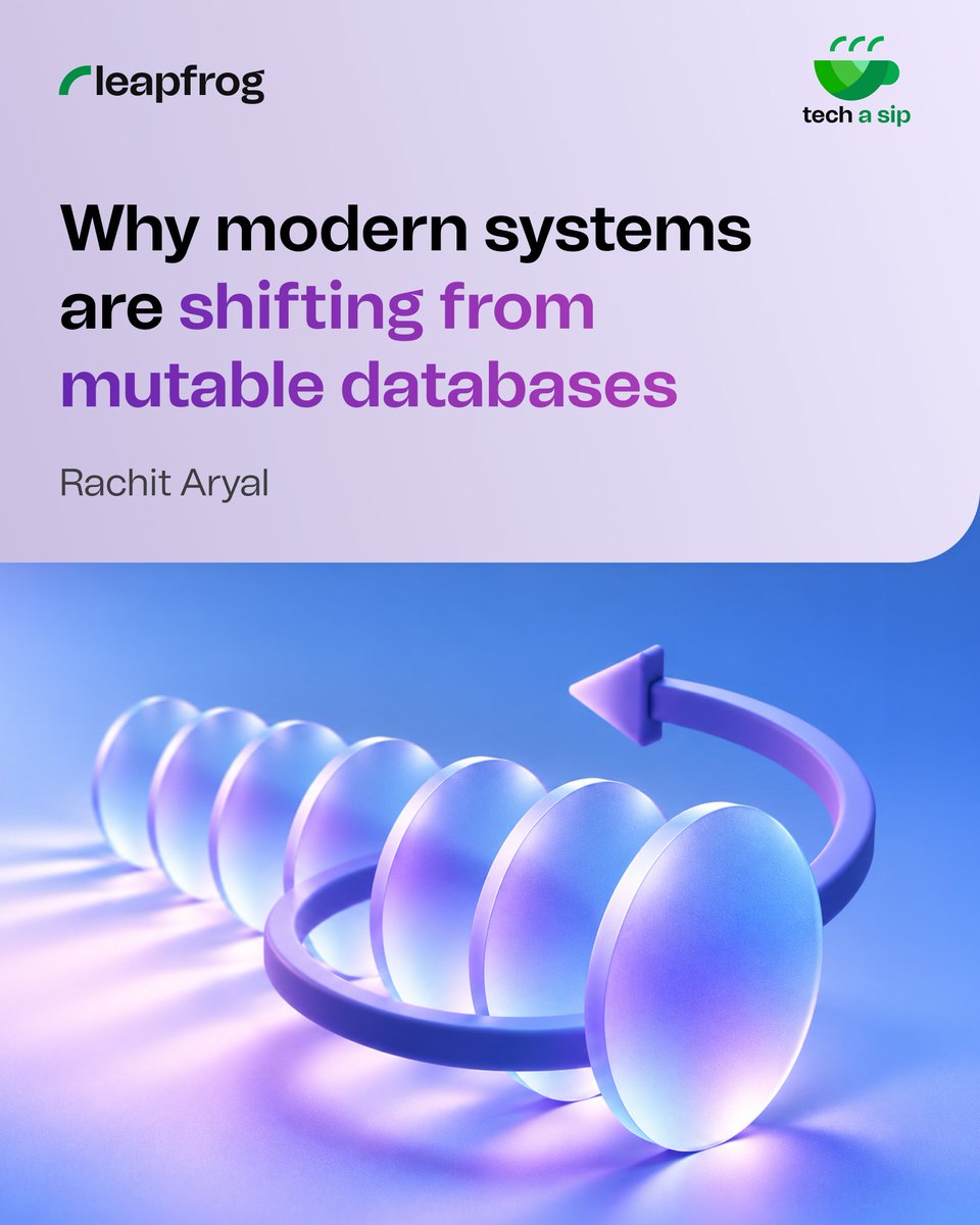 lftechnology's tweet photo. Modern systems are shifting from mutable databases to immutable event records. 📝

When the system replaces previous information with new data, important context are lost as, what happened and why the changes was made. 🗂️

#TechASip with Rachit Aryal, Lead Engineer, where he highlights the cost of destructive updates, and how use of immutable event records can preserve history, help reproduce past behavior and allow multiple services to respond to the same events.

Read the full blog. 👉  https://t.co/ZOC9lZMbAi

[immutable event records,event sourcing, cqrs, system database, tech insights, leapfrog tech insights]