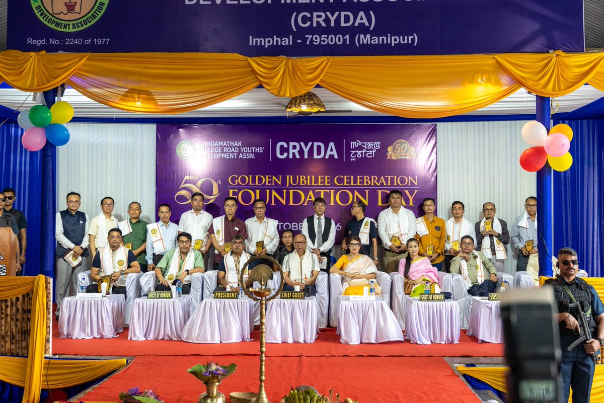 YKhemchandSingh's tweet photo. Honoured to grace the joyous Golden Jubilee Celebration of the Chingamathak College Road Youth Development Association (CRYDA) along with my better half, Smt. Yumnam Ongbi Joybala Devi at Ima Chinga Lairembi Meetin Shang, Chingamathak Nameirakpam Leikai, Imphal today.

I am delighted that CRYDA has been rendering selfless service to society at large and to the locality of Chingamathak in particular for the last 50 years. On this auspicious occasion, I urged all sections of society to set aside differences and work together as one for restoring peace in Manipur, keeping in mind the bright future of the coming generations. I extend my heartfelt best wishes to all the members of the Association and wish the Golden Jubilee Celebration a grand success.

The event was also attended by President, CRYDA, Shri K. Ajitkumar Sharma; Acting Mayor, IMC, Shri L. Lokeshwar Singh; Corporator, Ward No. 15, IMC, Shri Th. Bankimchandra Singh; Corporator, Ward No. 16, IMC, Smt. Thokchom Eliza; Chairman, Golden Jubilee Celebration Committee, Shri N. Umakanta Singh; Sr. Advocate and President, Chingamathak Nupi Thougal Lup, Smt. Laiphrakpam Ongbi Bimo Devi and other distinguished dignitaries.