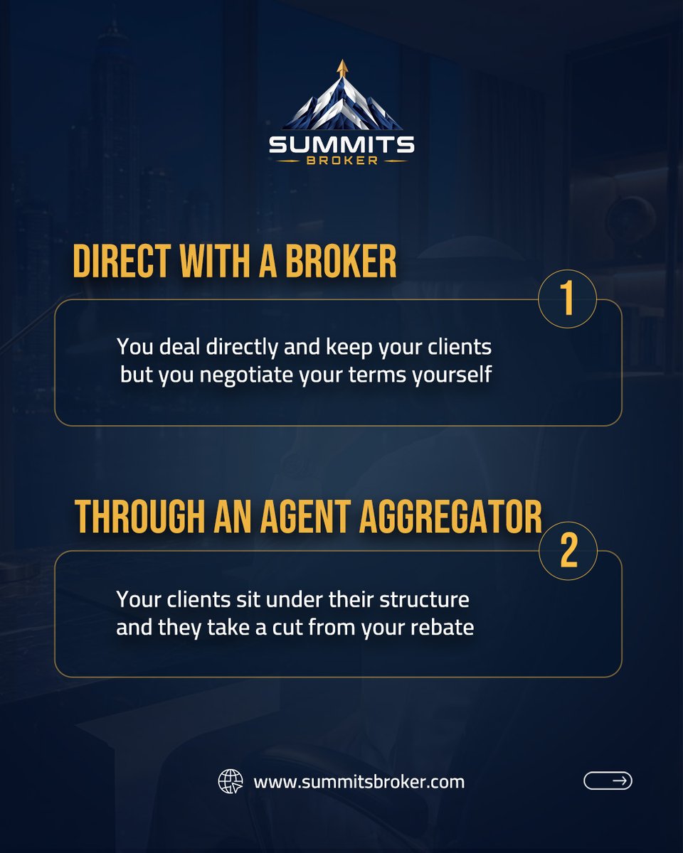 SummitsBroker's tweet photo. Check the benchmark before you sign:
1. Direct broker: you negotiate alone
2. IB aggregator: cuts your rebate
3. Multi-broker: splits your volume
4. Through Summits:
one broker
no cut
volume that counts

Compare the relationship not just the offer

#ForexIB #SummitsBroker #XAUUSD https://t.co/L5oHzjow0E