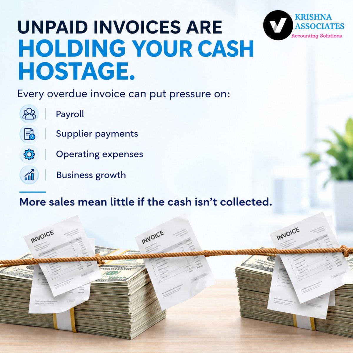krishnaassoci's tweet photo. Growing sales? Make sure your cash keeps up. Stay on 
top of invoices, collections &amp; cash flow. 🚀

Contact Us:
📩 marketing@krishnaassociates.biz
🌐 https://t.co/3BNFQm2vzQ

#CashFlow #Receivables #Accounting #BusinessGrowth #SME https://t.co/w7UbNJKJtD
