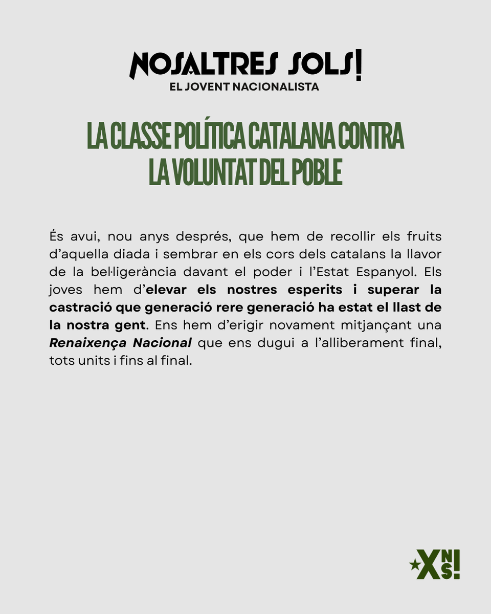 Nosaltres_Sols_'s tweet photo. 1-O, ni oblit ni perdó!

Ni oblidem la repressió que l’Estat espanyol va exercir contra la voluntat del poble català, ni perdonem a la classe política catalana mesella i traïdora.

Seguim dempeus amb l’objectiu de restituir l’Estat Català! https://t.co/2MYoqL1UEW