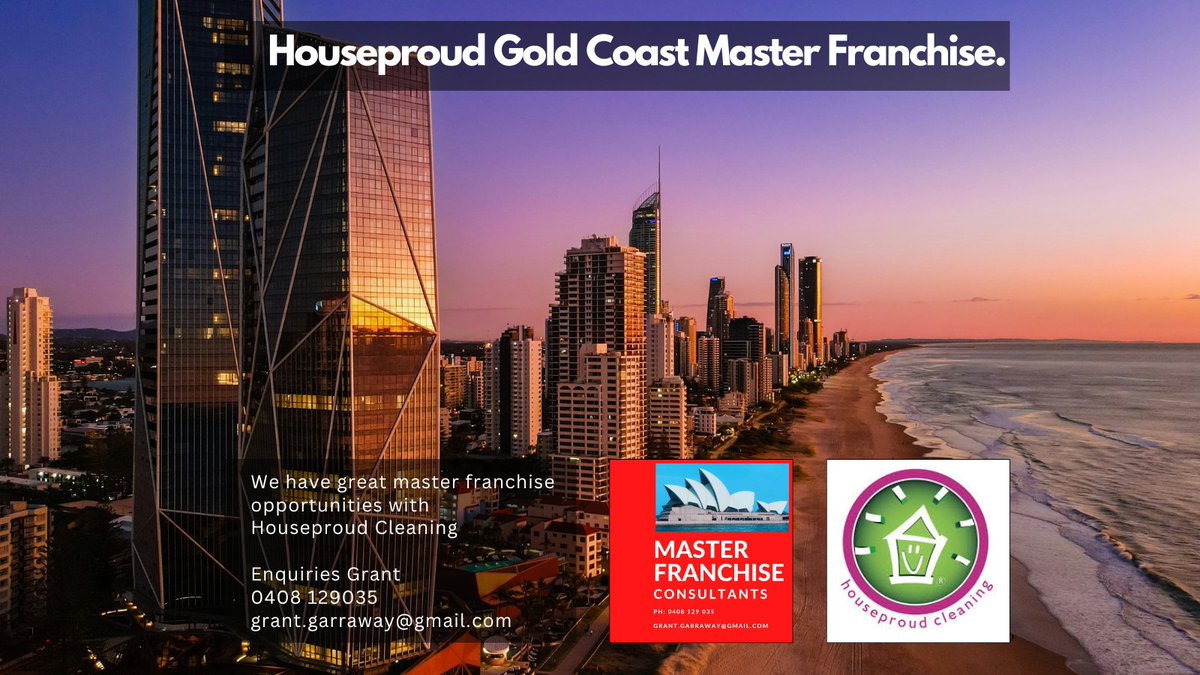 MasterFranchis2's tweet photo. Gold Coast Master Franchise.

Great #masterfranchise opportunity with Houseproud Cleaning

Low cost
Fair income splits with franchisor
Excellent training &amp; support
Proprietary management software
Large exclusive territory

Grant 0408 129035

#masterfranchiseopportunities https://t.co/9kyrvXLARP