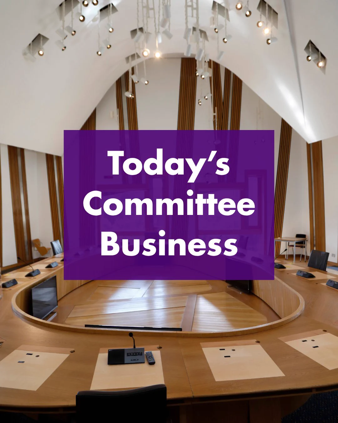 A Scottish Parliament committee room with curved wooden desks and chairs. A purple graphic over the centre reads “Today’s Committee Business”.