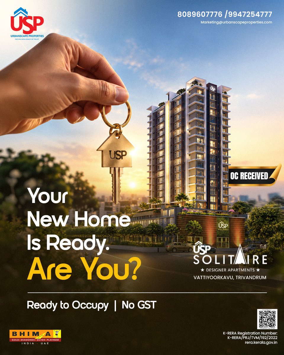 ubscape's tweet photo. 𝐑𝐞𝐚𝐝𝐲 𝐟𝐨𝐫 𝐲𝐨𝐮𝐫 𝐧𝐞𝐰 𝐡𝐨𝐦𝐞?

USP Solitaire in Vattiyoorkavu has received its Occupancy Certificate - move in with no GST!

Schedule a visit: 8089607776

#UrbanscapeProperties #USP #Bhima #UrbanscapeSolitaire #Vattiyoorkavu https://t.co/I1sl3ajN9e