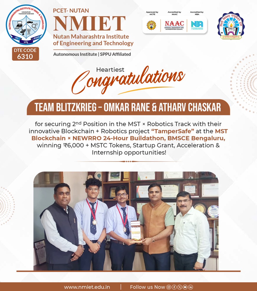 NMIETPUNE's tweet photo. 🏆 Proud moment for NMIET!

Congratulations to Team Blitzkrieg – Omkar Rane &amp; Atharv Chaskar for securing 2nd Position with their project TamperSafe! 🤖⛓️

#NMIET #Blockchain #Robotics https://t.co/2kwUHvDO25