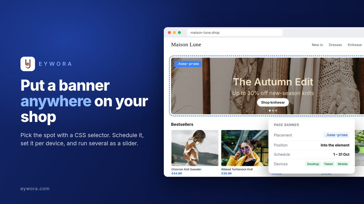 eywora_app's tweet photo. Your shop has spots that deserve a campaign. Now you can fill them
With Eywora Page Banners you choose any spot with a CSS selector, schedule it, and set it per device. Add more banners there and they turn into a slider.
https://t.co/97h7Fu8Fxc
#ecommerce #Shopify #Shopware https://t.co/cB5szeOraO