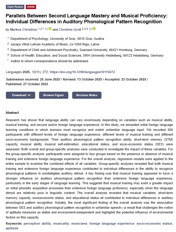 Languages_MDPI's tweet photo. 🎵Parallels Between Second Language Mastery and Musical Proficiency: Individual Differences in Auditory Phonological Pattern Recognition
✏️by Markus Christiner and Christine Groß
🔗https://t.co/G3mCBUTJIg
#LanguagesMDPI #Linguistics #SecondLanguage #LanguageLearning #Phonology https://t.co/RDmtcZsNLx