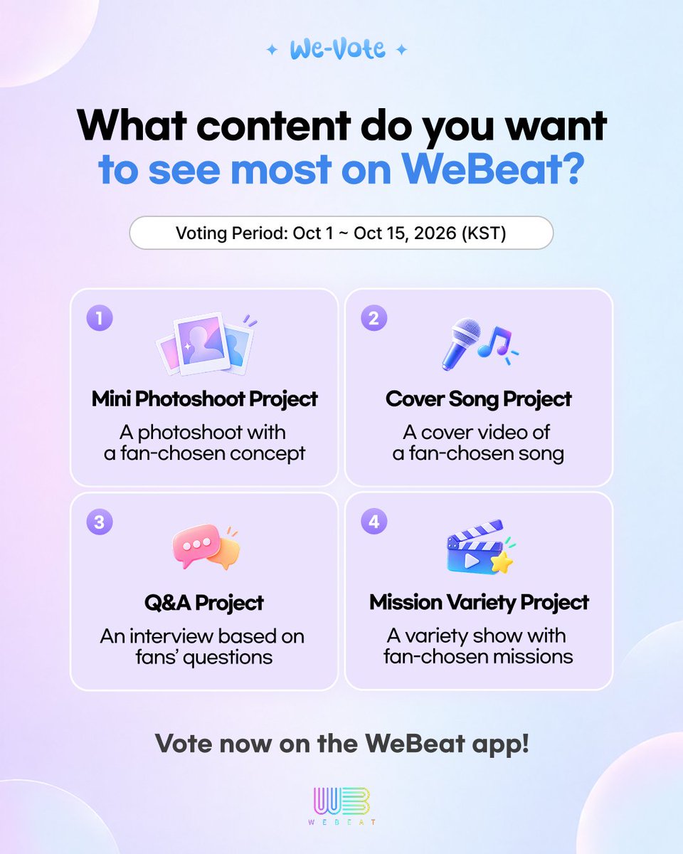 Webeat_Official's tweet photo. [We-Vote] What content do you want to see on WeBeat? 👀

Vote in the app! 🗳️

📅 Oct 1–15, 2026 (KST)

https://t.co/So9iMtq5Be

※ Preference poll only. Results do not guarantee production.

#WeBeat #위빗 #WeVote #위보트 https://t.co/JInKD7zxwJ