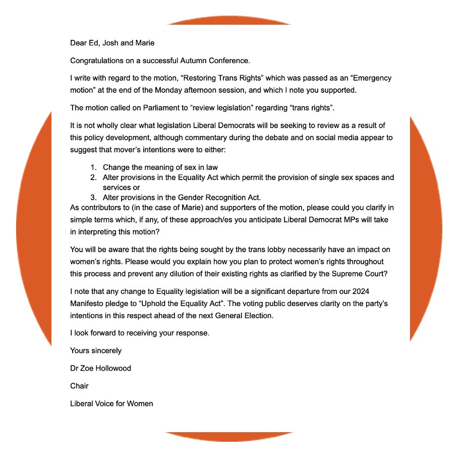 LibVoice4Women's tweet photo. Yesterday our Chair wrote to the leader, the president plus the spokesperson for Women and Equalities in the @LibDems asking how they are looking to amend equalities law following the vote at conference. Voters and volunteers deserve to know what the party is planning. https://t.co/DU8zQH2AgM