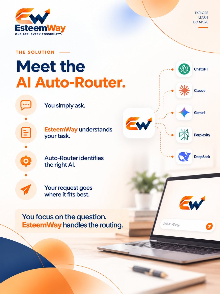 EsteemWay's tweet photo. "Which AI should I use for this?"

Research → Perplexity?
Code → Claude?
Reasoning → DeepSeek?

EsteemWay's Auto-Router picks for you. One question in, the right AI handles it.

Stop choosing AI. Start using AI.
https://t.co/oJK20aoCJm

#AIAgents #EsteemWay https://t.co/SR2XXWAxyC