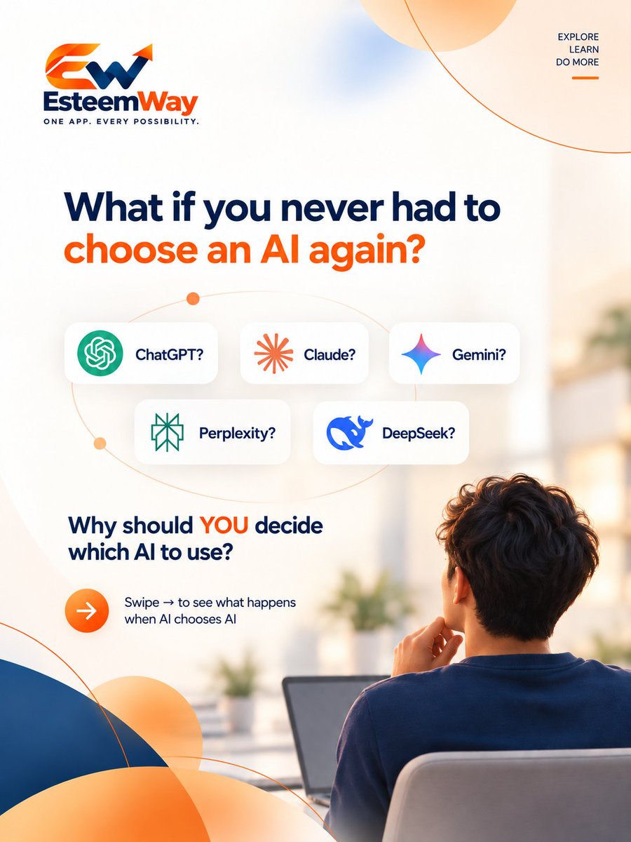 EsteemWay's tweet photo. "Which AI should I use for this?"

Research → Perplexity?
Code → Claude?
Reasoning → DeepSeek?

EsteemWay's Auto-Router picks for you. One question in, the right AI handles it.

Stop choosing AI. Start using AI.
https://t.co/oJK20aoCJm

#AIAgents #EsteemWay https://t.co/SR2XXWAxyC