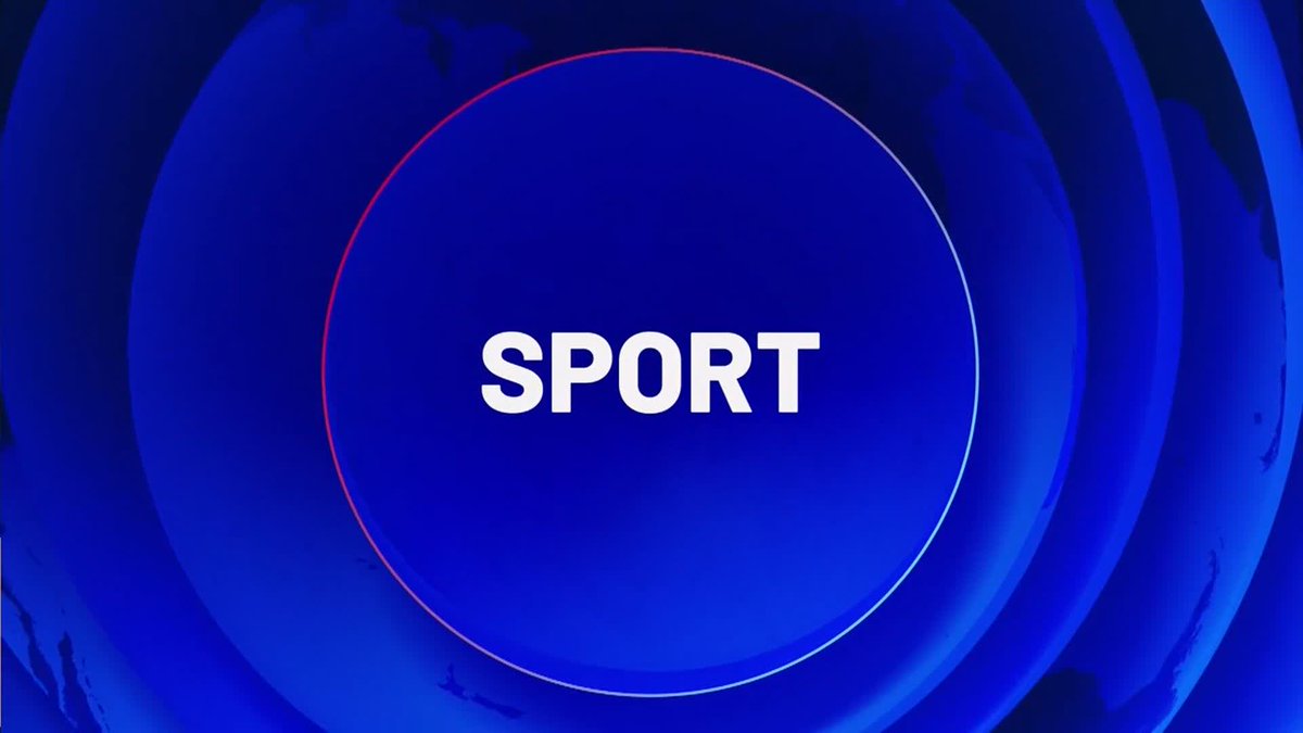 A blue news intro screen with the word 'SPORT' in bold white letters inside a ringed graphic.