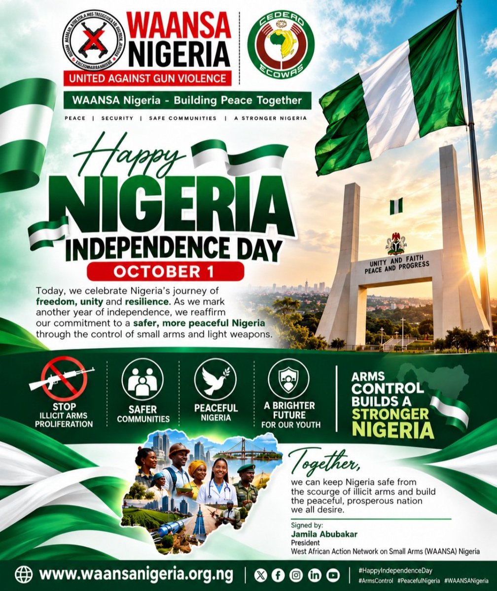 waansanigeriaHq's tweet photo. As we celebrate 66yrs of #Nigeria independence, WAANSA Nigeria reaffirms its commitment to a peaceful, secure Nigeria free from the illicit proliferation of arms

Together, let us protect our future and build a safer Nigeria &amp; World at-large @IANSAnetwork @nccsalw @ecowas_cedeao https://t.co/p11Gp6sg3G