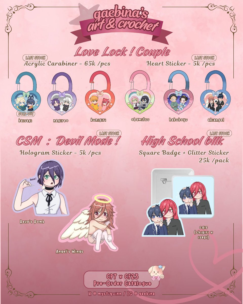 mystiquinn's tweet photo. [💗🔄 likes &amp; RT are appreciated !!] 
BATCH 2 gaebina's art &amp; crochet #cf23 quick pre-order open ! 🐶🌧️

📆 Oct 01-10, 2026
🌟 Blue Lock, Demon Slayer, Chainsaw Man, Free!, Crochet, Beads Phone Strap, Pride
📦 Pick up both days / Mail order
🔗 https://t.co/FqMmhFUwIU

#comifuro23 https://t.co/z2BOrFqqi2