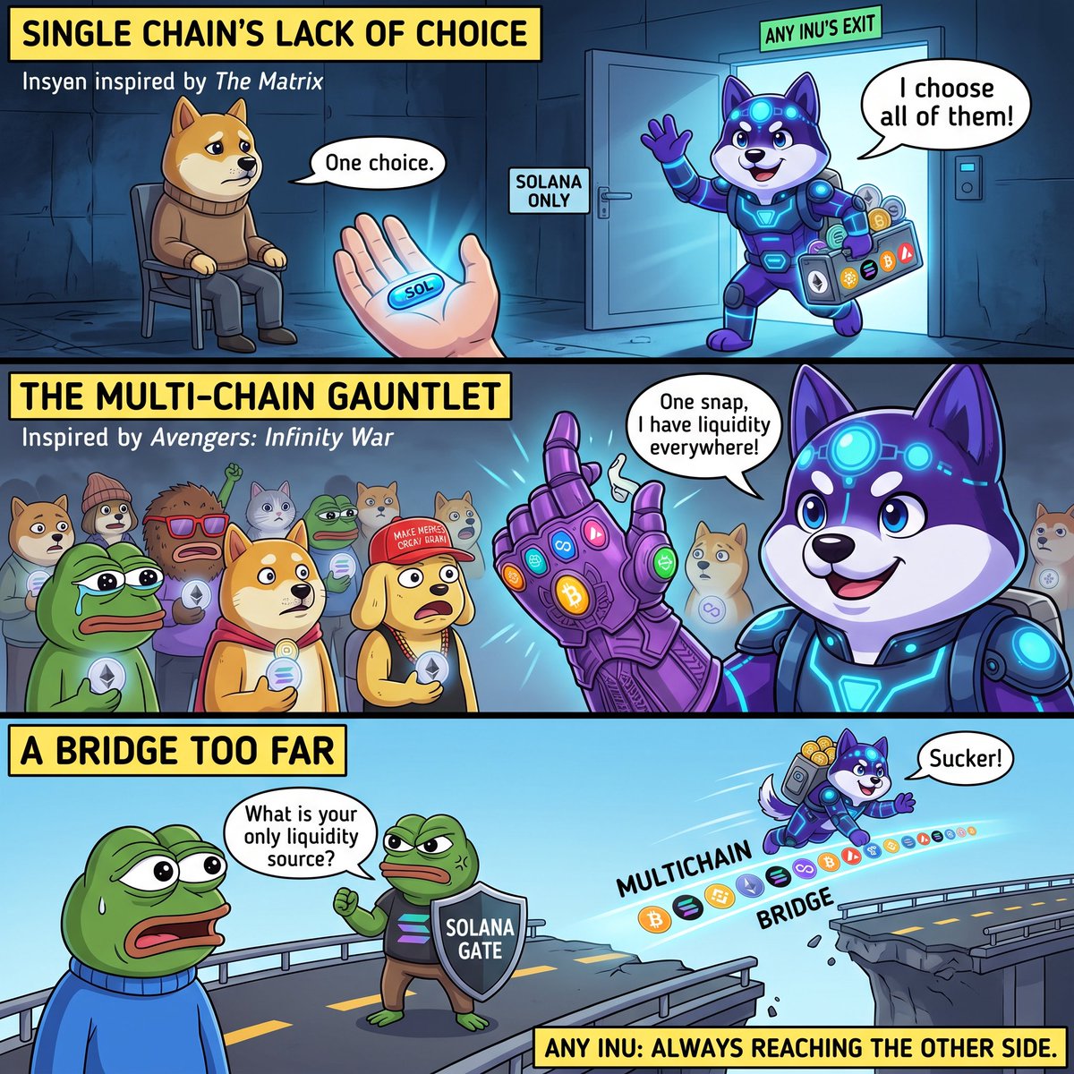 AnyInuCoin's tweet photo. Every chain asked the same question:

"What is your only liquidity source?"

Wrong question. 🐕

$ANYINU doesn't pick a door. It IS the building. ⚡

One coin. Every chain. Zero bridges to get rugged.

If you know, you're already in. If you don't, DYOR and find out. https://t.co/20VLuFzYO4