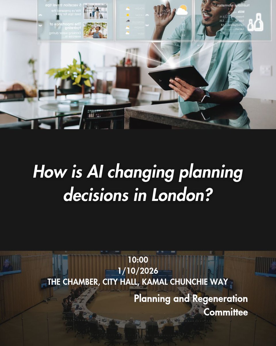 LondonAssembly's tweet photo. How is AI changing planning decisions in London? Tune into the #AssemblyPlanning meeting from 10am, live or later, to find out: https://t.co/RZqnLJJ8eR https://t.co/YtoP6OgOo7