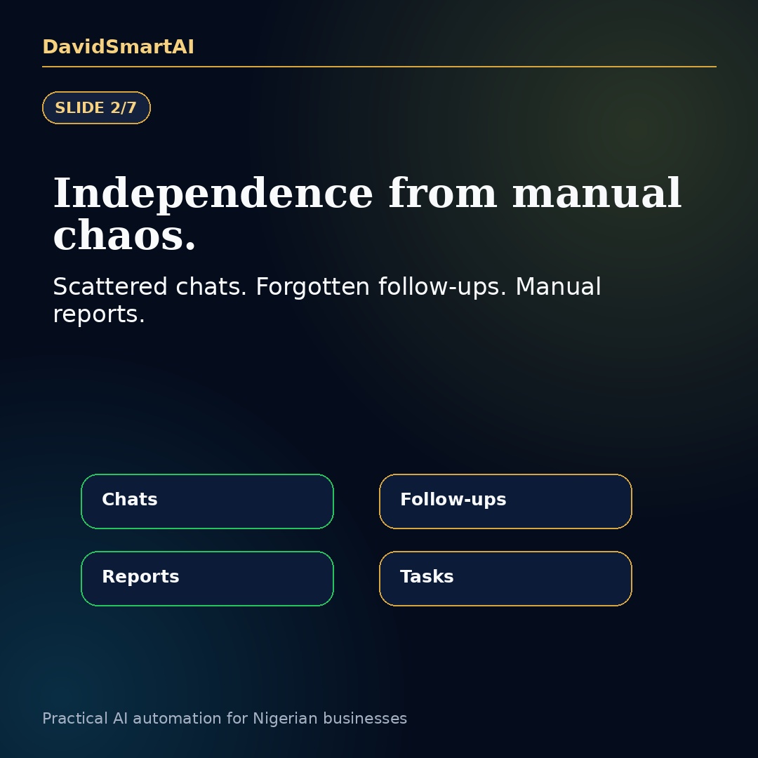 davidsmartai's tweet photo. Happy Independence Day, Nigeria.

Business independence matters too:

• from manual chaos
• from scattered chats
• from forgotten follow-ups
• from operating blind

AI can support capture, summaries, reminders, and escalation.

DM “INDEPENDENCE”.

#DavidSmartAI https://t.co/e5zV6C3VYi