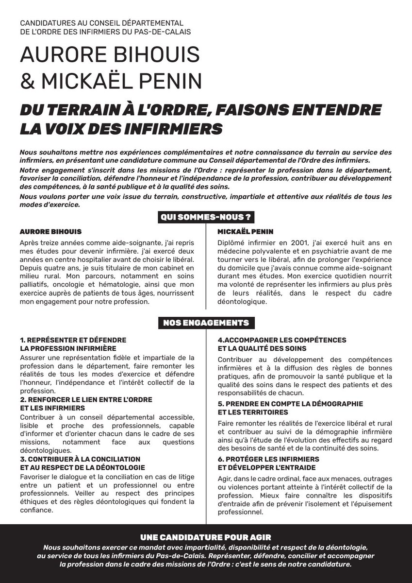 ABihouis's tweet photo. Je suis candidate en binôme avec @mickaelpenin, aux  élections du CDOI 62,  du 15 au 30 octobre 2026, notre profession de foi porte une candidature de terrain fondée sur l'écoute, la déontologie et la défense de notre profession. 

#electionsordinales2026  #infirmier https://t.co/WQhm0PvSTd