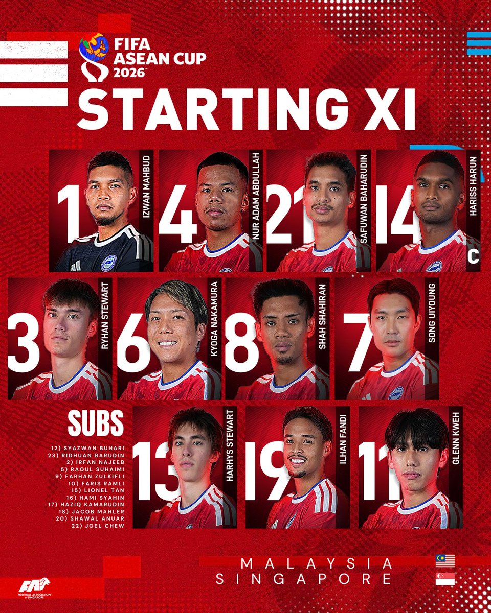 FASingapore's tweet photo. Ready for the battle in Bandung ⚔️

Here are your Lions to take on Malaysia in tonight’s crucial Group A clash.

Kick-off is at 8.30pm SGT. Head down to a watch party near you, bring the noise and back the Lions! 🦁 https://t.co/iaAfsfdg47