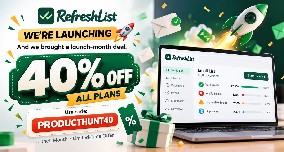 Refresh_list's tweet photo. WE’RE LAUNCHING 🎉

And we brought a launch-month deal.

40% OFF

ALL REFRESHLIST PLANS

Use code:

PRODUCTHUNT40

Launch Month • Limited-time offer

Refresh your list. Start cleaner.

#RefreshList #launchMonth #Discount #EmailFilter https://t.co/pukYY5l6es