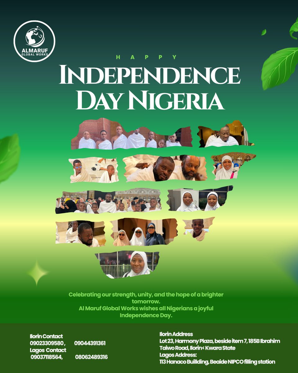 ALMARUFGLOBAL's tweet photo. 🇳🇬 HAPPY 66TH INDEPENDENCE DAY, NIGERIA! 🇳🇬

Today, we celebrate the resilience, unity, faith and unbreakable spirit of our great nation. May Almighty Allah bless Nigeria with lasting peace, prosperity and abundant opportunities for all. Ameen. 🤲

To our esteemed customers, thank you for your continued trust, loyalty and support. You are an essential part of our journey, and we remain committed to serving you with excellence.

🕋 DECEMBER UMRAH 2026 — ANSWER THE CALL OF ALLAH!

As we celebrate our nation's independence, why not prepare your heart for a beautiful spiritual journey to the Holy Lands of Makkah and Madinah?

End the year with prayers, seek Allah's forgiveness and begin the new year with renewed faith and countless blessings.

✈️ December Umrah Package: ₦3.8 Million

📍 Book with ALMARUF GLOBAL WORKS NIG. LTD.

📞 +234 901 625 4581 | +234 904 439 1361
💚 A nation blessed with freedom. A heart devoted to Allah. A journey of a lifetime.

Happy Independence Day from all of us at Almaruf Global Works Nigeria Limited! 🇳🇬🕋

#NigeriaAt66 #HappyIndependenceDay #AlmarufGlobalWorks #DecemberUmrah2026 #Umrah2026 #VisitMakkah #VisitMadinah #Nigeria