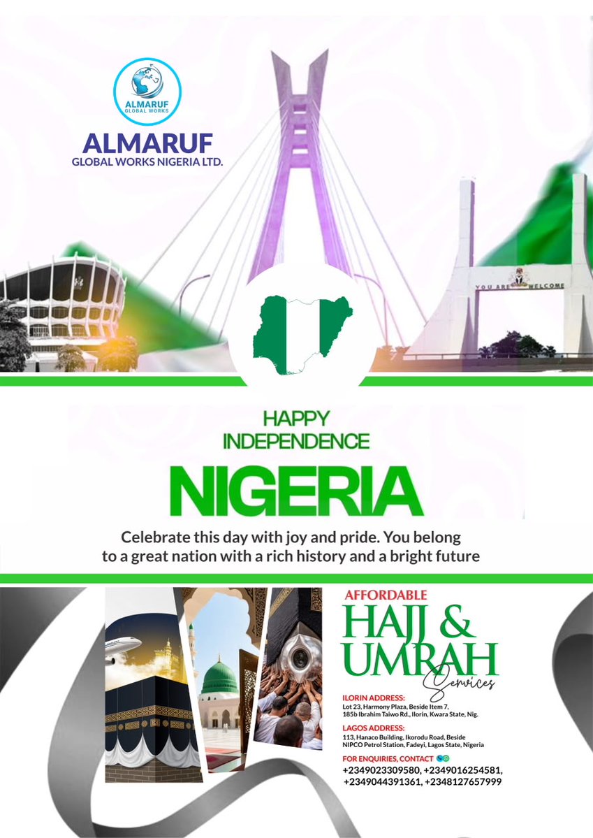 ALMARUFGLOBAL's tweet photo. 🇳🇬 HAPPY 66TH INDEPENDENCE DAY, NIGERIA! 🇳🇬

Today, we celebrate the resilience, unity, faith and unbreakable spirit of our great nation. May Almighty Allah bless Nigeria with lasting peace, prosperity and abundant opportunities for all. Ameen. 🤲

To our esteemed customers, thank you for your continued trust, loyalty and support. You are an essential part of our journey, and we remain committed to serving you with excellence.

🕋 DECEMBER UMRAH 2026 — ANSWER THE CALL OF ALLAH!

As we celebrate our nation's independence, why not prepare your heart for a beautiful spiritual journey to the Holy Lands of Makkah and Madinah?

End the year with prayers, seek Allah's forgiveness and begin the new year with renewed faith and countless blessings.

✈️ December Umrah Package: ₦3.8 Million

📍 Book with ALMARUF GLOBAL WORKS NIG. LTD.

📞 +234 901 625 4581 | +234 904 439 1361
💚 A nation blessed with freedom. A heart devoted to Allah. A journey of a lifetime.

Happy Independence Day from all of us at Almaruf Global Works Nigeria Limited! 🇳🇬🕋

#NigeriaAt66 #HappyIndependenceDay #AlmarufGlobalWorks #DecemberUmrah2026 #Umrah2026 #VisitMakkah #VisitMadinah #Nigeria