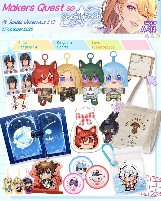 Hoshiyamichi's tweet photo. [🩵 &amp; 🔁 are greatly appreciated!]

Hello I'll be tabling overseas for the first time at MSQSG! ✈️

📆 : Accepting reservation until October 10 '26!
💖 : FFXIV, Kingdom Hearts, Love &amp; Deepspace

🔗Below! 

Thank you for ur time! 😊
#makersquestsg #msqsg2026 https://t.co/MA9RfcLlSY