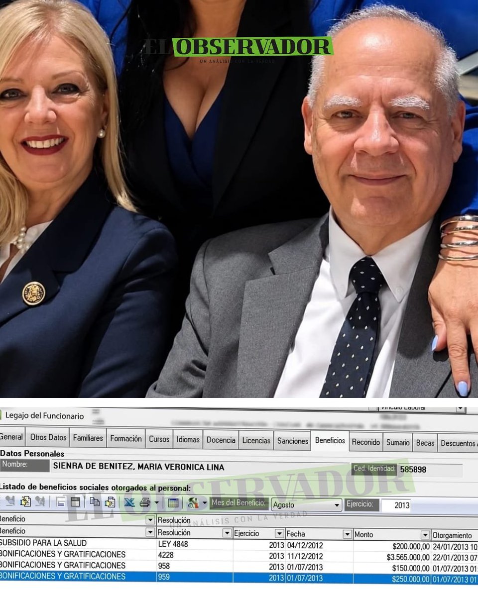 observapy's tweet photo. 🟩 Esposa de Benítez Riera cobró bonificación por título siendo bachiller, según su legajo

🟩 María Verónica Lina Sienra Bertón, esposa del ministro de la Corte Suprema, Luis María Benítez Riera, habría cobrado G. 250.000 mensuales en concepto de bonificación por título universitario siendo bachiller. 

https://t.co/xmh6qVnKMb