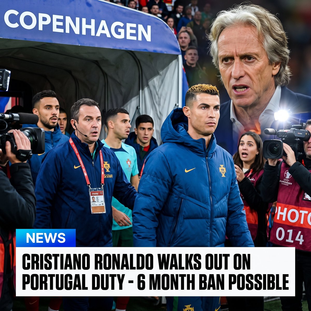 Post___lt's tweet photo. 🚨 RONALDO FACES POSSIBLE SIX MONTH BAN!

🏌 Cristiano Ronaldo could face disciplinary action after leaving Portugal’s camp following his dispute with Jorge Jesus. Reports say federation rules allow a suspension ranging from one to six months for abandoning international duty without valid justification.

⚠️ The controversy began after Ronaldo was left unused against Norway, then escalated when he missed training. Jesus firmly defended his authority, insisting no player could influence his selection decisions.

💰 If sanctions are imposed, Ronaldo could also receive a €500-€1,000 fine. Portugal now prepares for Denmark while the federation considers its next move.