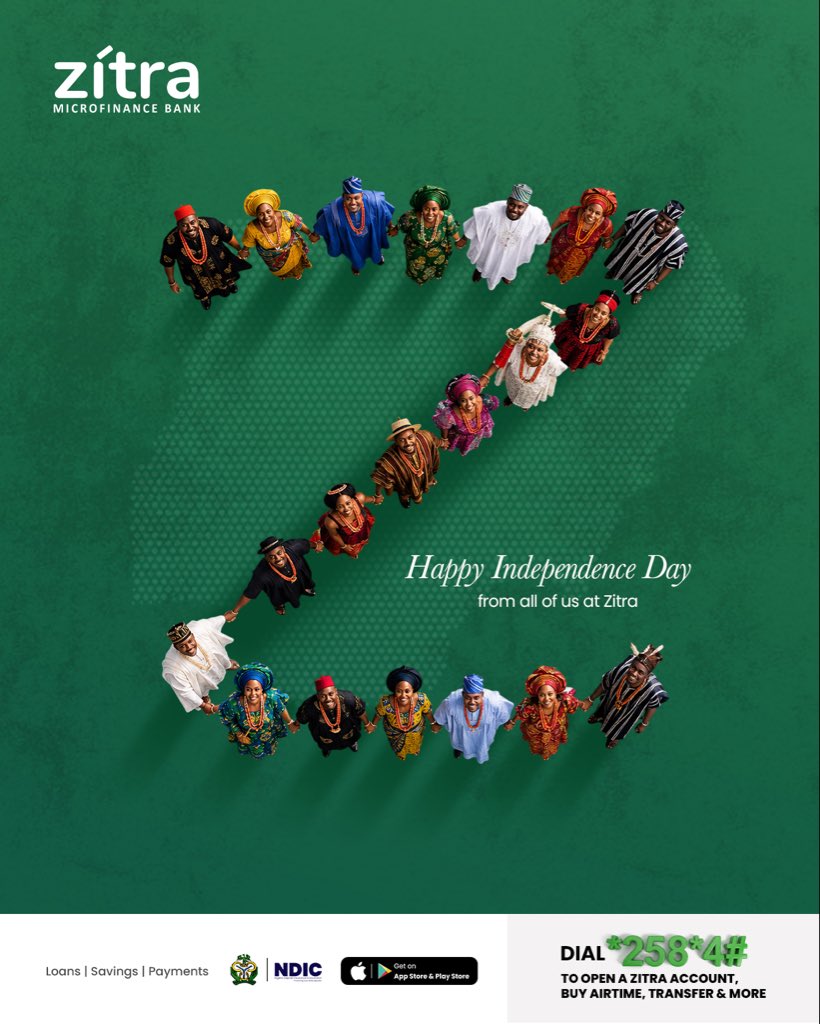 ZitraNigeria's tweet photo. 🇳🇬 One nation. Many cultures. One Nigeria.

Today, we celebrate Nigeria, our people and all that makes us who we are.

Happy Independence Day! 💚🤍💚 https://t.co/9BQqaoV2nN