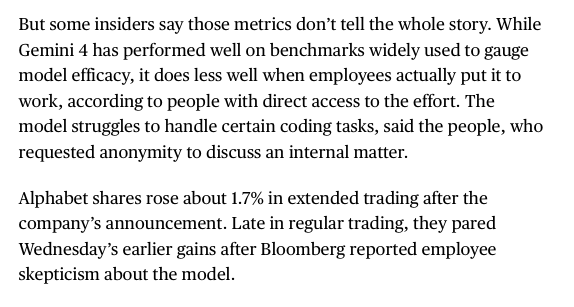 kimmonismus's tweet photo. Fingers crossed that these rumors aren't true!
via Bloomberg

"But some insiders say those metrics don’t tell the whole story. While Gemini 4 has performed well on benchmarks widely used to gauge model efficacy, it does less well when employees actually put it to work, according to people with direct access to the effort. 

The model struggles to handle certain coding tasks, said the people, who requested anonymity to discuss an internal matter."
