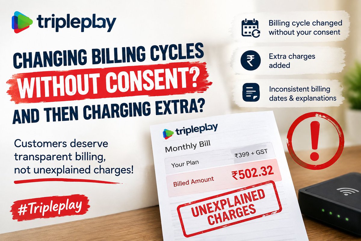 RahulSi98696083's tweet photo. @TripleplayIndia Changing billing cycles without consent and charging extra? My ₹399+GST plan was billed ₹502.32. Customers deserve transparent billing, not unexplained charges! #Tripleplay https://t.co/NrwtSUhrRP