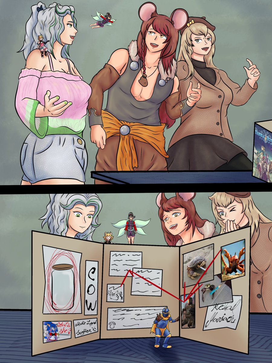 SizeTali's tweet photo. I keep forgetting to post this!! Here's a lovely comm request by  @pocket__knight! Featuring our Fabula Ultima group, @Saru_Roku, Sakunya, @FairyDuniVT, @HaruhiHanamura and myself! 

What is the little knight scheming?! 

#SizeTwitter #Vtuber https://t.co/GJqix7fbXF