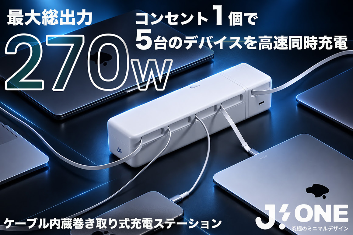 GREENFUNDING_JP's tweet photo. 最大総出力270W！コンセント1個で5台のデバイスが高速同時充電「巻き取り式充電ステーション」
独自開発の着脱式70Wモジュール構造でリモート作業にも大活躍！
【1年間のメーカー保証・最長5年間の修理サポート】
https://t.co/fjvJpjrEWn https://t.co/chRfbpgeCh