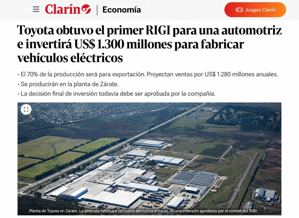 CerviPablo's tweet photo. 🇦🇷NUEVO RIGI> MÁS INVERSIÓN, PRODUCCIÓN Y EXPORTACIONES

Toyota obtuvo la aprobación para incorporar al RIGI un proyecto de US$1.341 millones en Zárate, destinado a producir vehículos electrificados.

El proyecto prevé exportar cerca del 70% de su producción, por unos US$1.280 millones anuales, y generar miles de puestos de trabajo directos e indirectos.

Con una economía en movimiento y reglas claras, llegan inversiones para producir y exportar. Este es el camino.