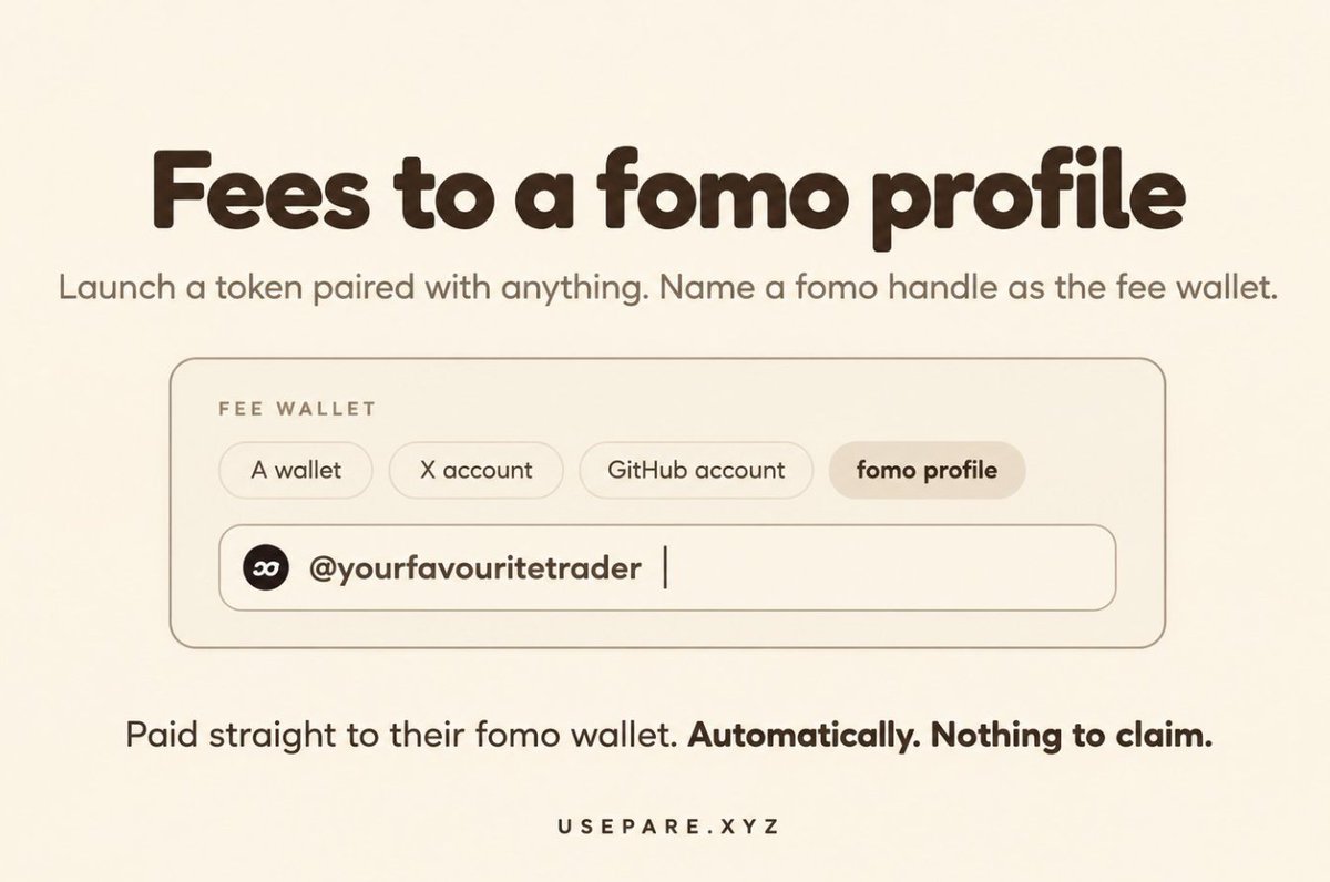 launchpare's tweet photo. Launch a token on par paired with anything and send the fees straight to a fomo profile.

Type a fomo handle in the launch form. Trading fees go to that profile's fomo wallet automatically: no claiming, no login.

Live on Solana

https://t.co/s3mguuXoEc https://t.co/tx62uf4n69