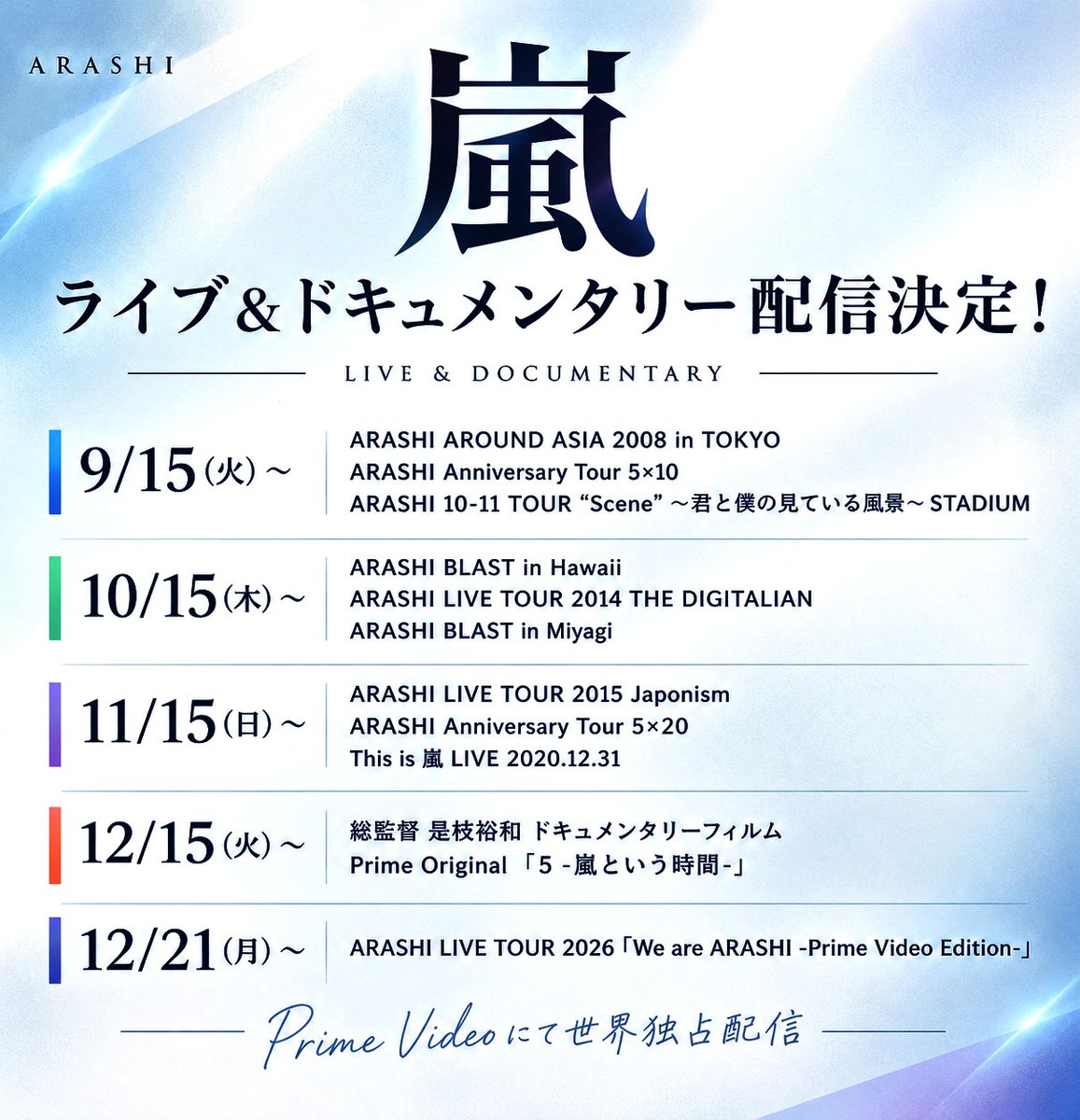 fanARASHIinfo's tweet photo. 嵐の名ライブ3作品、配信決定🎥

10月15日(木)0:00より、

ARASHI BLAST in Hawaii
https://t.co/Ipxuj6H7Vt

ARASHI LIVE TOUR 2014 THE DIGITALIAN
https://t.co/SFRkBF8rik

ARASHI BLAST in Miyagi が配信スタート✨
https://t.co/M0tySW3Evp

それぞれの時代を彩った、
嵐のライブをもう一度―― https://t.co/rMaNCmQjHX