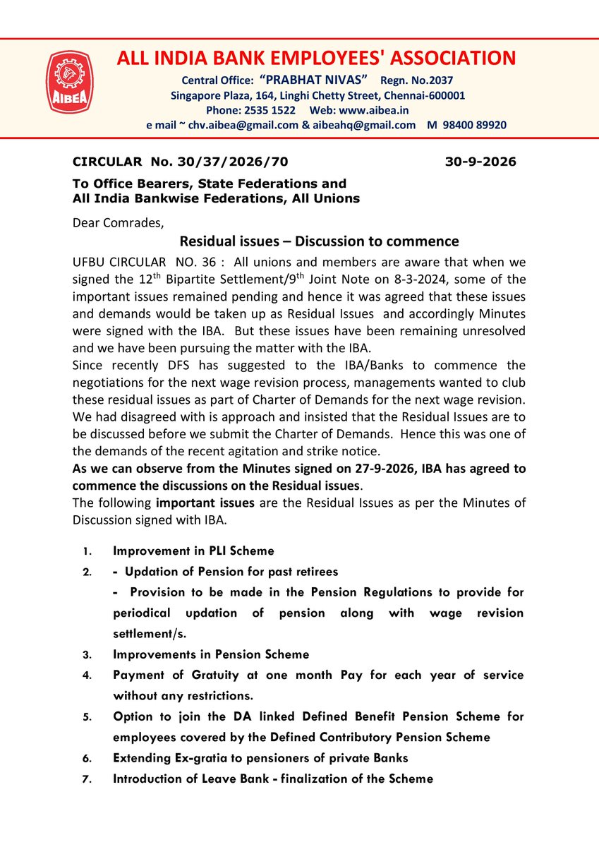 AIBEAofficial's tweet photo. Residual issues – Discussion to commence
#AIBEA
#UFBU https://t.co/vBN6f2T3oM