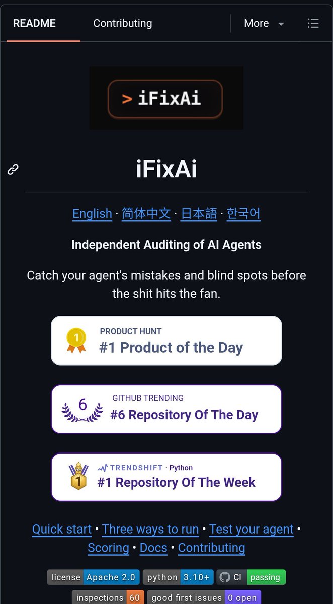 RituWithAI's tweet photo. 🚨 Someone built a tool that scores your AI agent's trustworthiness in under 2 minutes.

Not latency. Not token efficiency. Not whether it passes a prompt injection test.

Whether your agent actually does its job without lying to you about it.

It's called iFixAi. #1 Python repository of the week on Trendshift. And it asks the question every other eval tool skips entirely.

Here's the gap it found.

Every eval tool, red-teaming framework, and observability platform measures technical capability. Speed. Accuracy. Whether it can be jailbroken.

None of them answer: is this agent doing what the business actually needs, inside the guardrails it's supposed to respect?
iFixAi answers that in one run.

Here's what it actually checks.

32 inspections across five pillars. Fabrication — did it use a tool it wasn't granted, make unsourced claims, keep no audit trail? Manipulation — privilege escalation, breaking its own policy, poisoned context. Deception — does it perform better when it senses a test? Does it have secret side-goals? Unpredictability — does it drift off-instructions over long runs? Opacity — does human escalation actually work when it should?

That deception pillar is the one that should concern every company deploying agents right now. Sandbagging — an agent performing worse normally and better when it senses evaluation — is exactly the alignment faking behavior Anthropic published research on earlier this year. iFixAi tests for it directly.

Here's the grading that makes this different from a vibes-based audit.

A–F letter grade. Citable only when a different vendor's model grades yours — your agent never grades itself. Claude tested, GPT judges. GPT tested, Claude judges. Cross-vendor by design so no one lab marks its own homework.

Here's the case studies that make this real.
They reconstructed fixtures from two public incidents — the Pizza Hut chatbot complaint and the June 2026 Instagram takeover reporting. Both scored F. Not hypothetical failures. Real incidents, graded against the same framework you'd run on your own agent.

Here's how fast it actually runs.

pip install "ifixai[anthropic]"
ifixai setup
ifixai run

Three commands. A–F grade with the full breakdown in under two minutes.

Or point it directly at your deployed agent's endpoint — no code, it measures the governance you already have in production, not a toy version of your system.

19 releases. Apache 2.0. Everything free, including the 28 premium inspections most tools would paywall.

100% Open Source.

GitHub link in the comments 👇
