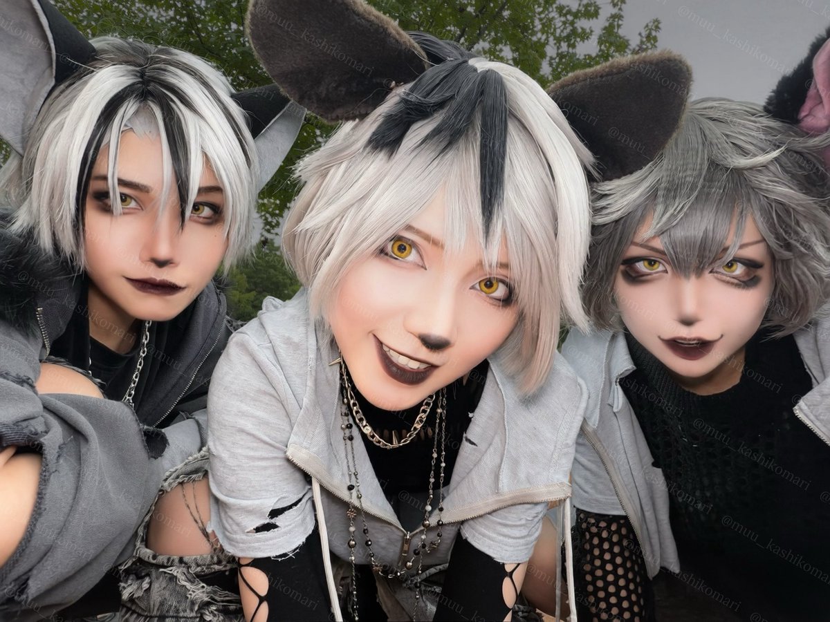 muu_kashikomari's tweet photo. 2026/09/27 🩶🦴(⚠️擬人化仮装)

｢はぁ可愛い…もう一度やって、癖になるよ｣

バンザイ：◀️蒼井さん(@ao00_ll )
シェンジ：むう
エド：▶️いとさん(@Ito__1110 )
 
#Dハロ仮装2026 
#Dハロ仮装 https://t.co/ZcZ8fHZQuB