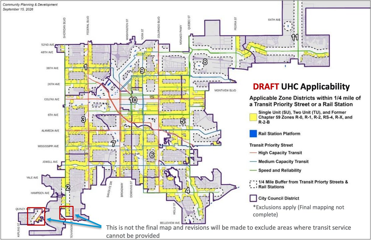 BuildUpDenver's tweet photo. With all due respect to the intelligent people who worked on UHC, this can't be the final proposal.

Upzoning w/n a 1/4 mile of a transit area sounds reasonable... but look at the holes left out of neighborhoods and Council districts by 1/4 mile. These discrepencies are dumb! https://t.co/XXFe9aux2r