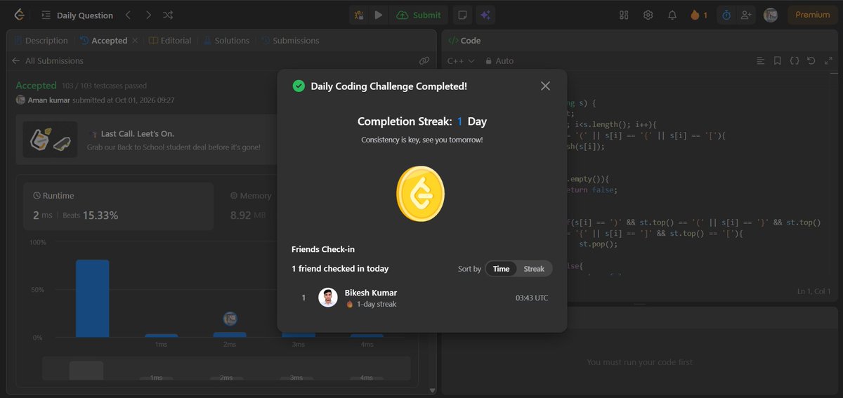 amansharma264's tweet photo. Solved POTD Leetcode - 20. Valid Parentheses
#LeetCode #LeetCodePOTD #DSA #DataStructures #Algorithms #Coding #CompetitiveProgramming https://t.co/gK4oRv79OO