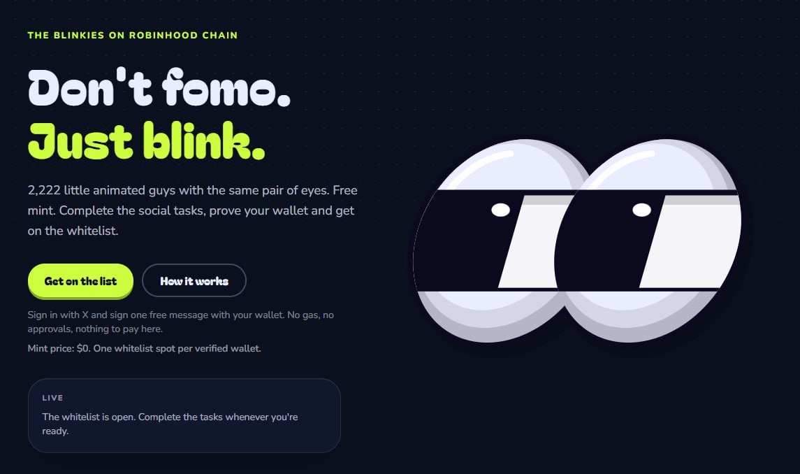 CryptoSpaceDrop's tweet photo. New Whitelist: Stayblinky

Supply: 2,222
Mint Price: Free Mint
Network: Robinhood

Register: https://t.co/C3FCwCpaYc

- Connect X
- Connect wallet (Burner)
- Complete all tasks
- Done

2,222 supply with a free mint. Get on the whitelist early

#NFT #Robinhood #Freemint #Whitelist https://t.co/kmq5Fqmqul