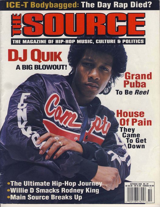 A vintage October 1992 issue of 'The Source' magazine, 'The Magazine of Hip-Hop Music, Culture & Politics,' features DJ Quik on the cover in a blue Com-PT jacket, with headlines including 'ICE-T Bodybagged: The Day Rap Died?', 'Grand Puba To Be Reel,' 'House Of Pain,' 'Willie D Smacks Rodney King,' and 'Main Source Breaks Up.'