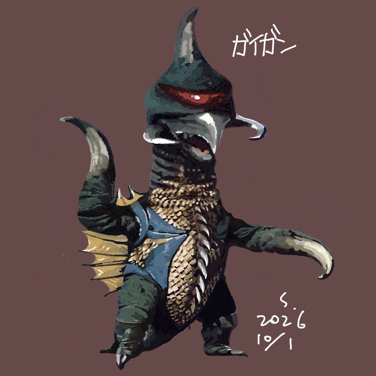 ToyonobuS's tweet photo. 「地球攻撃命令ゴジラ対ガイガン」　1972年東宝。M宇宙ハンター星雲人が宇宙恐竜をサイボーグ化した。回転ノコギリなどのメカを内蔵。　#ガイガン　#怪獣似顔絵 https://t.co/E5n6SiAodI