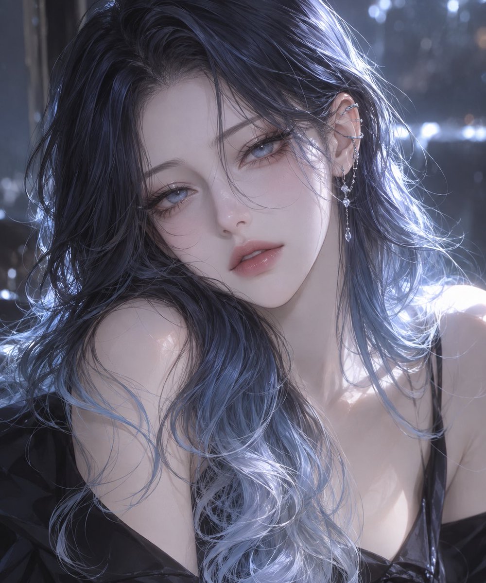 mioawin's tweet photo. 1girl, adult woman, beautiful mature woman, alluring elegant beauty,
refined feminine face, small oval face, delicate facial features,
fair porcelain skin, smooth luminous dewy complexion,

narrow elongated almond-shaped eyes, elegant feline eyes,
slightly upturned outer corners, subtly heavy upper eyelids,
half-lidded eyes, relaxed sultry gaze, languid expression,
pale icy blue-gray irises, intricate translucent irises,
subtle glossy reflections, small delicate catchlights,

long delicate separated eyelashes,
very long outer eyelashes sweeping toward the temples,
delicate lower eyelashes,
thin elongated dark eyeliner,

soft cool-toned makeup,
sheer dusty mauve eyeshadow, translucent taupe shading,
subtle rosy shading around the lower eyelids,
pearly inner-corner highlight,
soft muted rose blush,

small refined nose, delicate nose bridge,
soft full slightly parted lips,
muted rose-pink glossy lips,
calm alluring expression, dreamy languid charm,

long silky hair reaching the upper chest,
deep blue-black hair fading gradually into icy blue ends,
glossy navy-black roots, midnight-blue mid-lengths,
cool smoky-blue transition, pale glacier-blue tips,
subtle silver-blue undertones,
seamless natural ombre, no harsh color boundary,

deep 6:4 side part, asymmetrical part,
forehead partially visible, no straight bangs,
long sweeping front hair across the forehead,
one side loosely tucked behind the ear,
opposite side framing the cheek,
a few wispy face-framing strands,

large loose waves, gentle bends from mid-lengths,
loosely curled icy-blue ends,
slightly tousled, airy natural movement,
soft root lift, silky glossy texture,
fine individual strands,
polished but slightly undone hairstyle,

mature feminine body proportions,
slender softly voluptuous figure,
naturally curvy silhouette,
full feminine upper-body silhouette,
natural three-dimensional body volume,
gently defined narrow waist,
soft natural abdomen,
softly rounded hips,
subtle hourglass silhouette,
long slender legs,
balanced feminine proportions,
realistic adult female anatomy,
natural weight distribution, natural gravity,
no exaggerated proportions,

long elegant neck, defined collarbones,
slender shoulders, delicate arms and wrists,
one ear visible through tucked hair,
delicate silver ear cuff,
thin silver chain earrings,
tiny crystal drop earrings