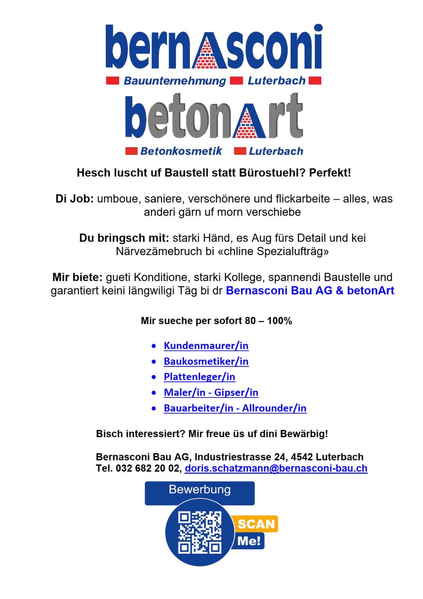 BernasconiAg's tweet photo. „Wieso bis morn warte, wenn d'Zuekunft hüt cha afah?“ 

#jobs #bau #luterbach #karriere# Bernasconi Bau AG # betonArt https://t.co/84xQNrAEIc