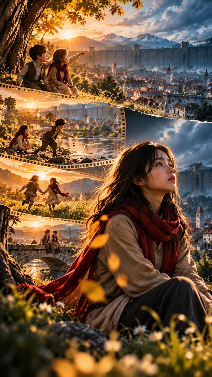 An artistic collage featuring a young woman in a red scarf overlooking a medieval city, interwoven with film strip frames showing two children playing in a scenic landscape at sunset.