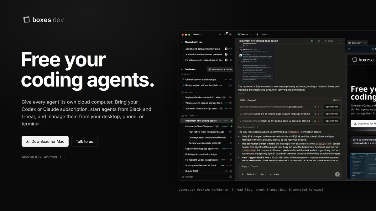boxes_dev's tweet photo. Free your coding agents.

Give every agent its own cloud computer. Bring your Codex or Claude subscription, start agents from Slack and Linear, and manage them from your desktop, phone, or terminal.

https://t.co/zJbLD2A76W https://t.co/Ha0FhfQfPL
